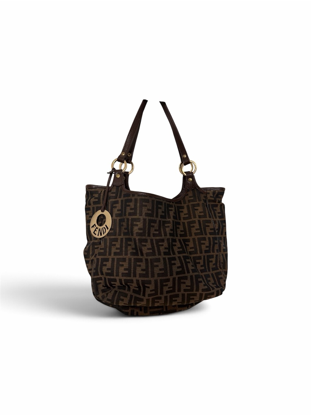 Fendi Brown Monogram Canvas Shoulder Bag with Logo Charm